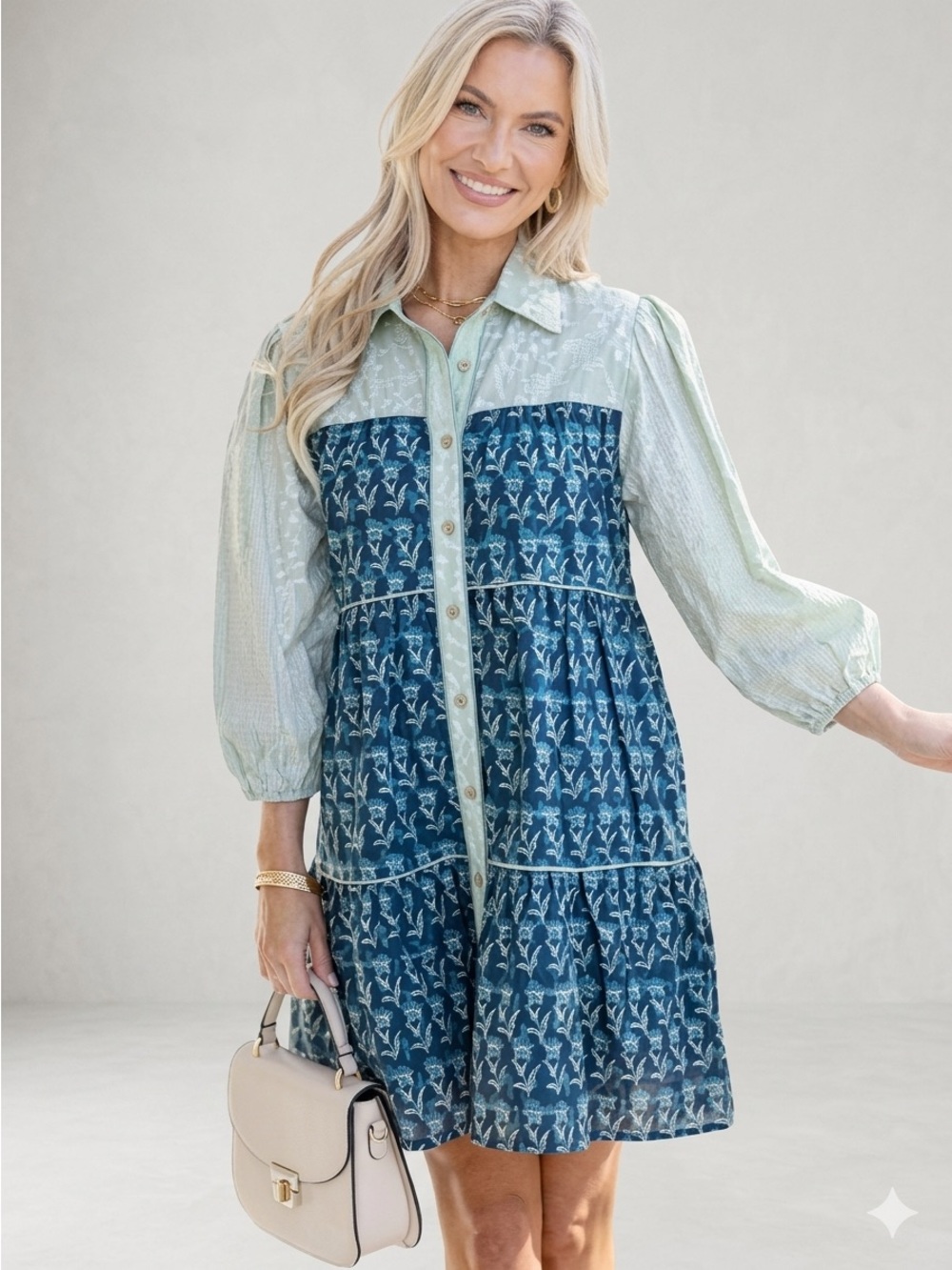 Women’s Two-Tone Printed Midi Shirt Dress - Green & Navy